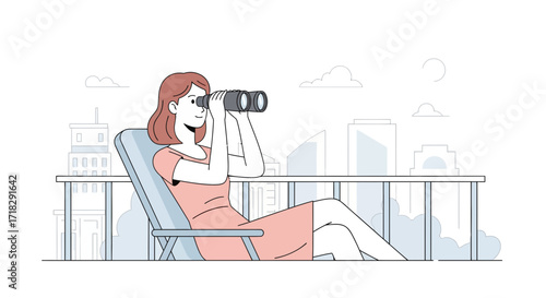 Observant Woman Gazing Through Binoculars Resting On A Chair Overlooking City Scenery