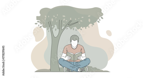 Young Reader Finding Solitude Under Big Tree to Immerse Into The Book Knowledge