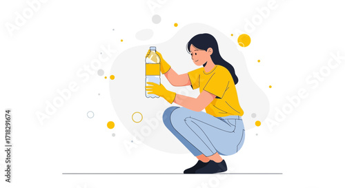 Observant Woman Inspects a Contained Item, Promoting Sustainability and Environmental Awareness