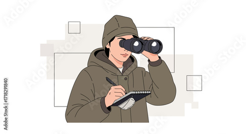 Observational Study Illustration Depicting a Person Surveying a Space Using Binoculars