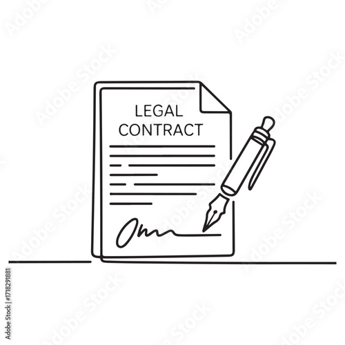 One line vector of pen signing legal contract document, law and agreement illustration