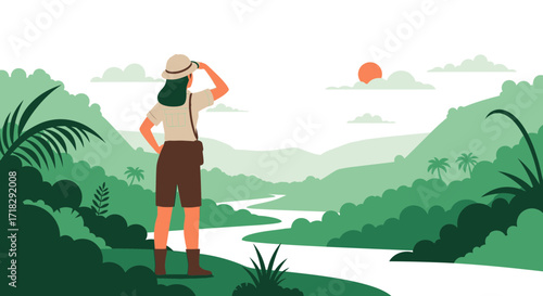 Observer Gazing At The Majestic Vista Of Lush Verdant Surroundings And The Sun
