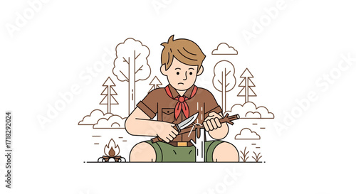 Young Scout Skillfully Whittling A Stick With A Knife In A Forest Setting