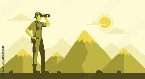 Observer Gazing Through Binoculars At A Scenic Mountain Range Under The Sun