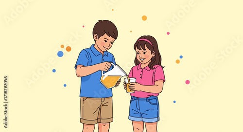 Young Siblings Sharing Refreshing Beverage From Pitcher Throughout Summer Fun Together