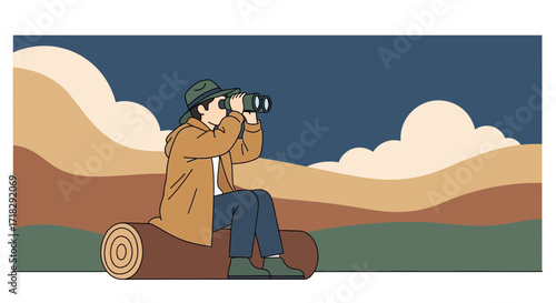 Observer Gazing Through Binoculars Depicted in a Stylized Natural Environment