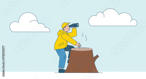 Observer Gazing Through Binoculars atop Stump Under Cloudy Skies with a Smile