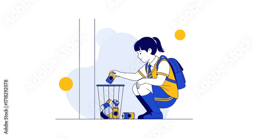 Young Student Cleaning Up Litter, Demonstrating Environmental Benevolence and Responsibility