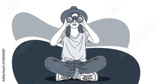 Observer Gazing Through Binoculars While Sitting, Contemplating The Horizon And Future