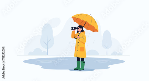 Observer Gazing Through Binoculars Under Umbrella Amidst The Stormy Weather