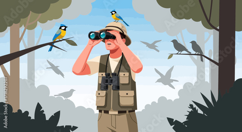 Observer In Nature Observing Avians In Wilderness Using Optical Equipment For Birdwatching