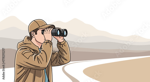 Observer Looking Through Binoculars On A Path With Mountainous Landscape Illustration