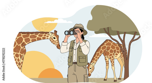Observer In The Savanna Inspecting Giraffes With Binoculars Amidst The Vibrant Sunset