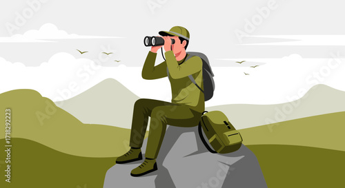 Observer On A Mountain Peak Analyzing The Distance Using Binoculars Nature And Greenery