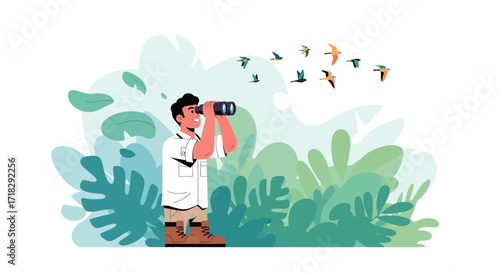 Observer Spotting Birds in Nature with Binoculars amidst Lush Foliage Vector