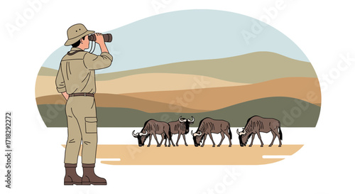 Observer Spotting Wildebeest in Natural Habitat, With African Landscape Illustration