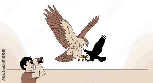 Observer Witnessing A Battle Between Eagle Versus Crow, A Scene Depicted In Art