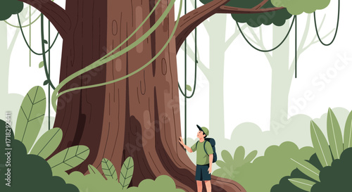 Observing A Giant Tree In The Tropical Forest During A Trek Adventure