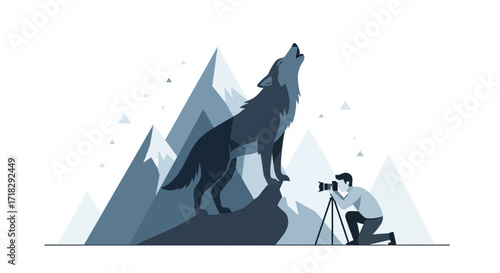 Observing A Howling Wolf In The Mountains With Geometric, Minimalist Design