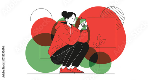 Young Woman Contemplating, Holding Beverage Can While Squatting, Minimalist Illustration
