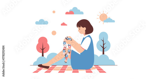 Young Woman Crafts Floral Garland While Enjoying Serene Day in Nature