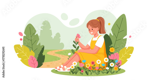 Young Woman Enjoying The Natural Beauty Of A Garden, Smiling And Observing