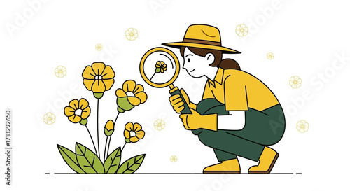 Observing Blossoms: A Gardener Admiring Floral Beauty Through A Magnifying Glass