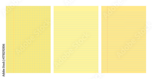 Set of yellow legal pad pages with lined or grid designs