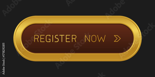 Modern golden rounded CTA button with shine, "Register now" text, arrow icon, 3D effect, web UI element for landing pages, mobile apps or banners.