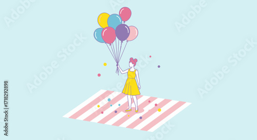 Young Woman Holding Colorful Balloons Standing On A Striped Blanket Celebrating Joyful Moments