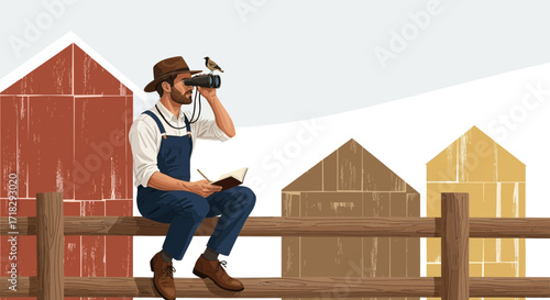 Observing Nature: A Man With Binoculars, Bird Watching At The Countryside Fence