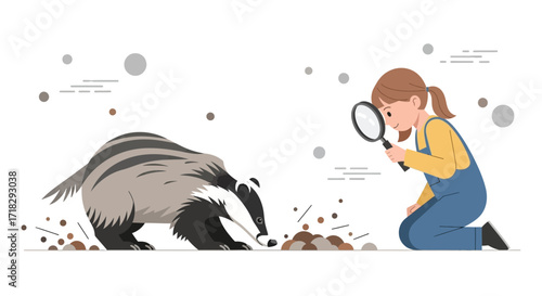 Observing Nature: A Young Girl Surveys A Badger With A Magnifying Glass