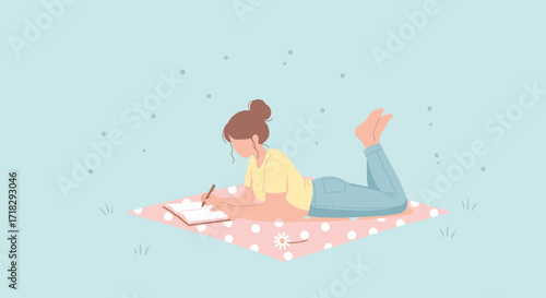 Young Woman Journaling Outdoors, Peaceful Illustration For Articles and Social Media
