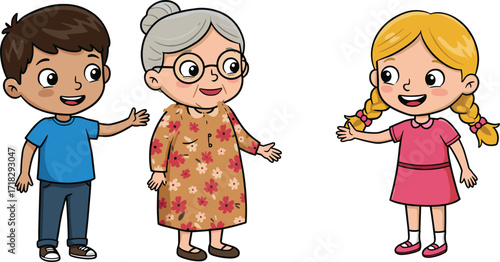 Cartoon family characters, grandmother with kids, multigenerational bonding, cheerful conversation, floral dress, happy children, friendly interaction, standing pose, smiling faces, illustration