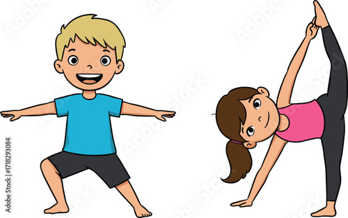Cartoon kids doing yoga, children exercise illustration, healthy lifestyle, mindfulness for kids, yoga poses, balance training, fitness, wellness, stretching