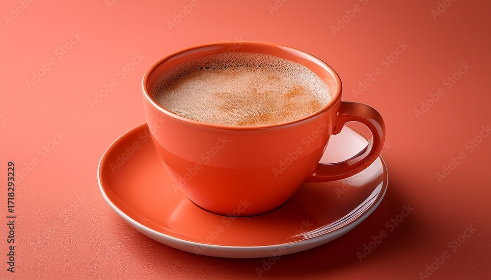Fototapeta premium A Stylish Coral Ceramic Mug Filled With Frothy Coffee Against A Matching Coral Background