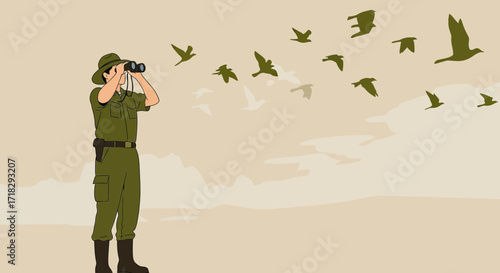 Observing Ornithologist Gazing At A Flock Of Birds With Binoculars Under An Ecru Sky