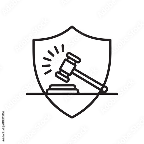 Law protection vector illustration – gavel on shield symbol of justice and legal defense line art