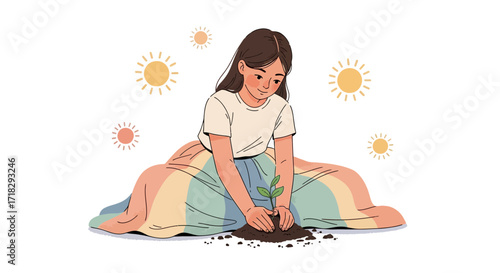 Young Woman Planting Sapling with Sunshine Elements, Environmental Conscious Illustration
