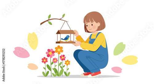 Young Woman Nurturing Nature, Bird Feeder and Blooming Flowers, Delightful Illustration