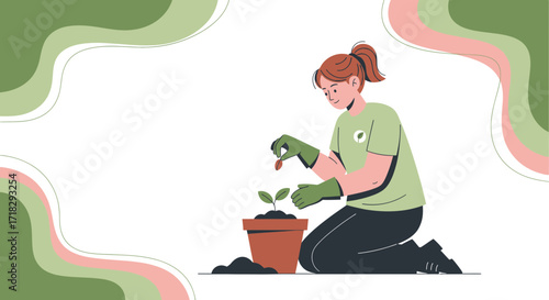 Young Woman Planting Seed Into Pot, Engaging In Gardening And Nurturing New Life