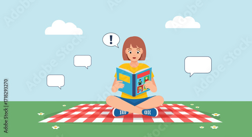 Young Woman Reading a Book Outdoors on a Picnic Blanket with Thought Bubbles Near