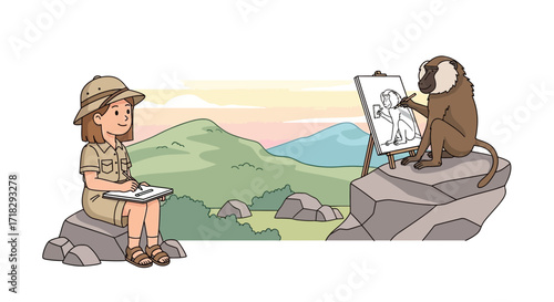 Observing Primates Artistic Pursuits Witnessed In A Scenic Wilderness Landscape