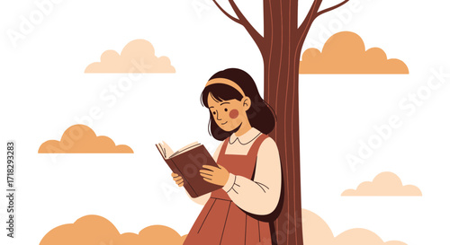 Young Woman Reading Beneath A Tree in Autumn, Enjoying A Quiet Moment