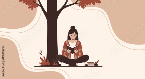 Young Woman Reading Under a Tree in a Peaceful, Autumnal Setting with Books