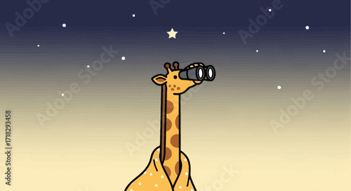 Observing The Cosmos: A Giraffe Studies The Celestial Sphere With Binoculars In Evening