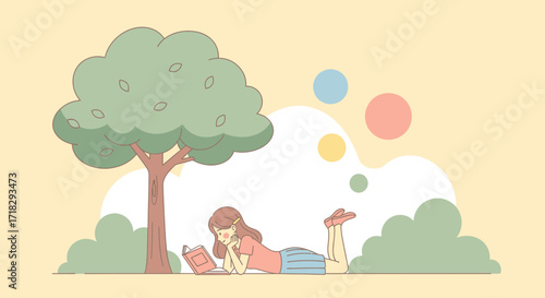 Young Woman Reading Under a Tree in a Delightful, Colorful, And Peaceful Scene
