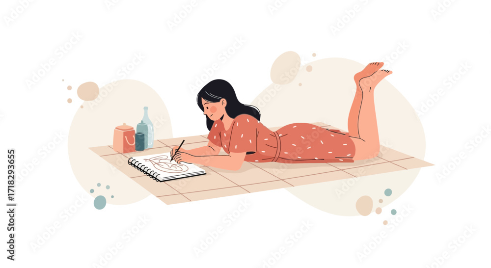 Fototapeta premium Young Woman Sketching Outdoors While Resting Amidst Soft Artistic Surroundings