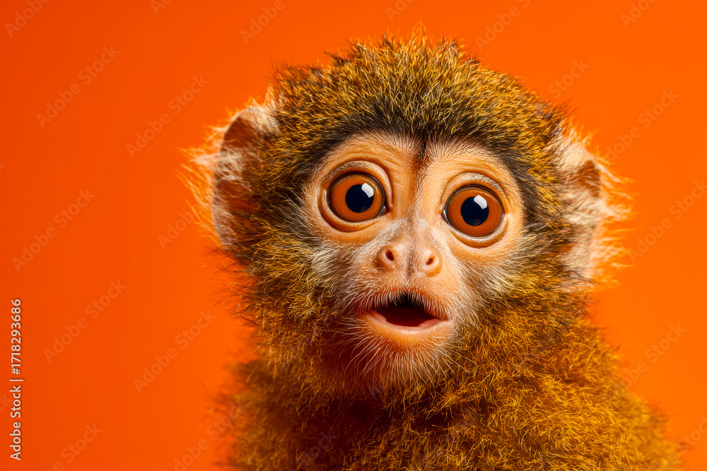 Obraz premium Adorable baby monkey with wide eyes and surprised expression against vibrant orange background