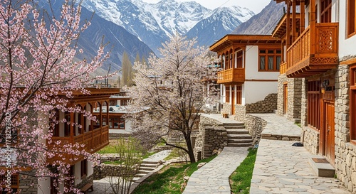 Cherry blossom trees near traditional houses in mountains Spring season landscape photography Scenic mountain view